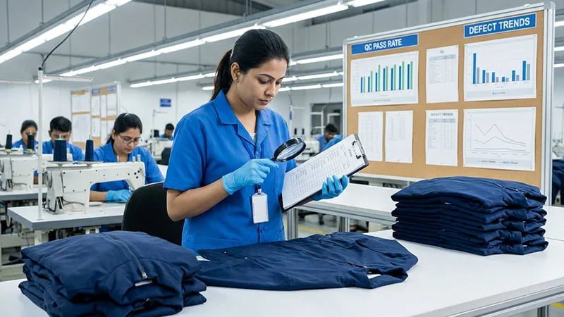 A quality control inspector conducting an in-process inspection on a garment.