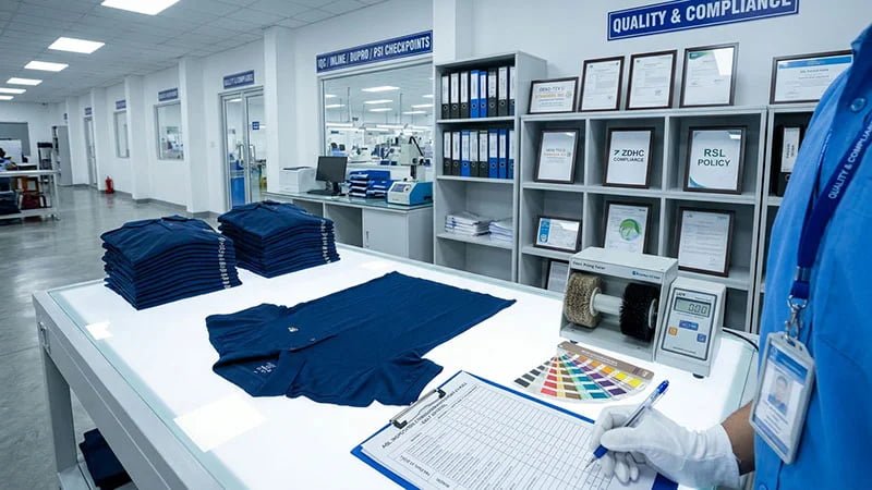A quality inspector checking a garment against a checklist with AQL standards.