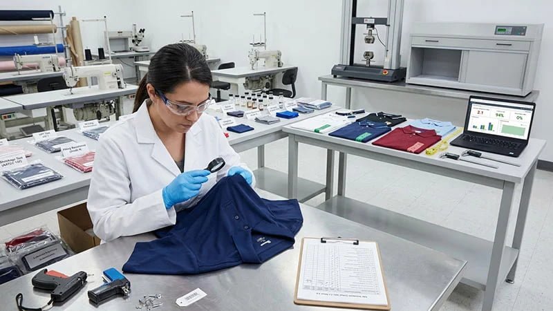 A quality inspector using a magnifying glass to check the stitching on a golf polo.
