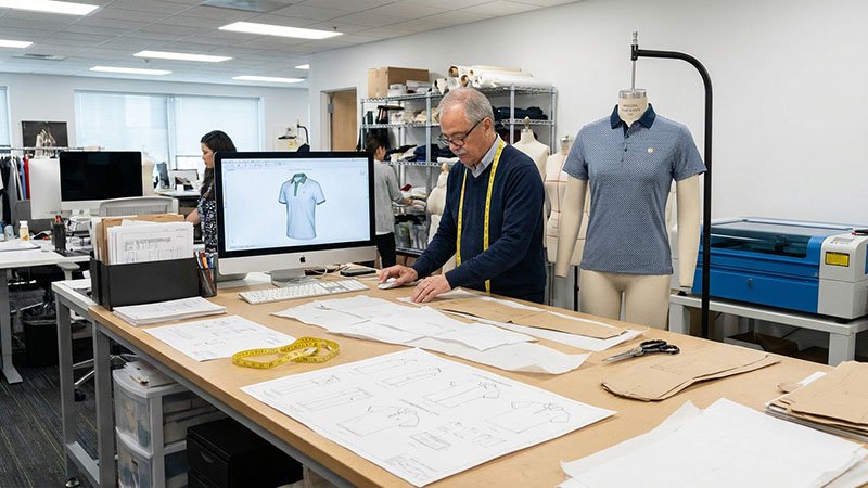 A pattern maker working on a digital pattern for a golf polo.
