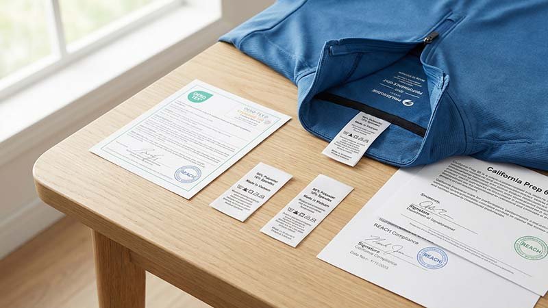 A collection of care labels and compliance certificates.