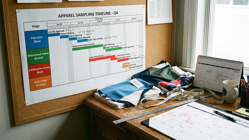 A Gantt chart showing the timeline for an apparel sampling project.