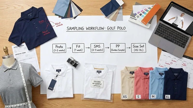A flowchart showing the apparel sampling workflow from proto to production.