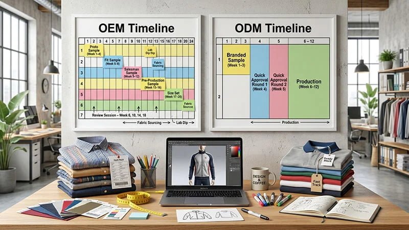 A calendar showing a compressed 12-week ODM timeline next to a longer 24-week OEM timeline.