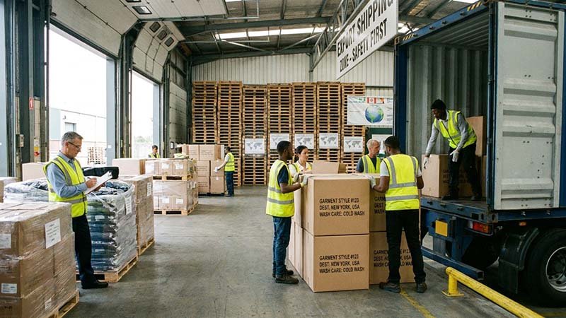 Boxes of packed apparel being loaded onto a truck at a factory loading dock.