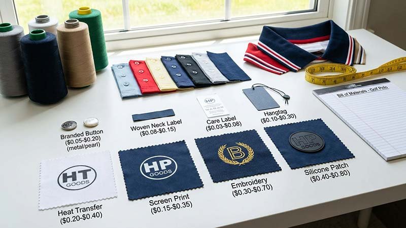 A collection of trims: branded buttons, labels, and different logo types.