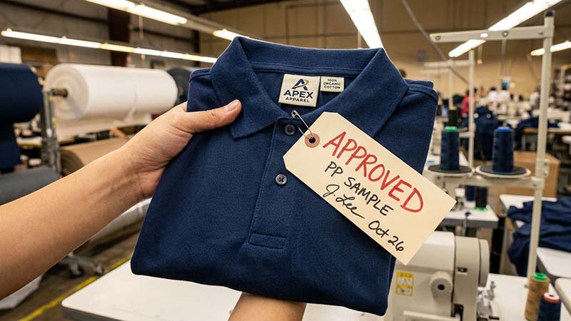 A hand holding a PP sample with a "APPROVED" tag signed and dated.