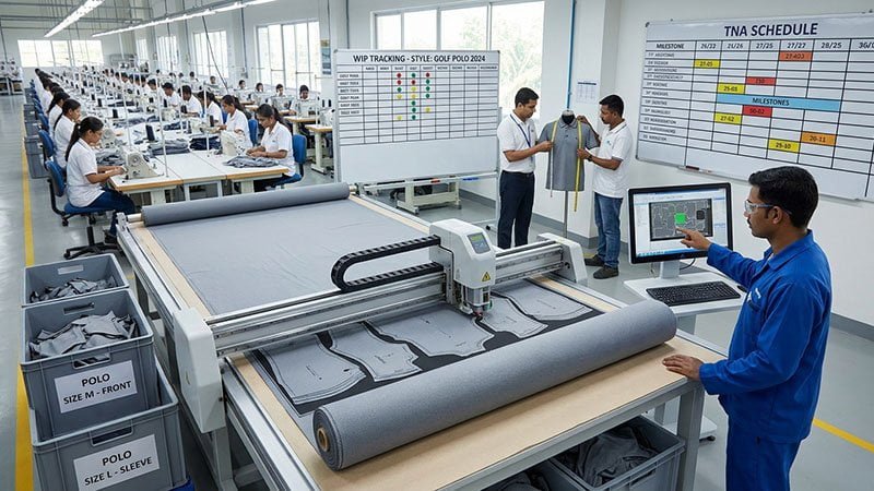 An automated fabric cutting machine precisely cutting pattern pieces from a large fabric spread.