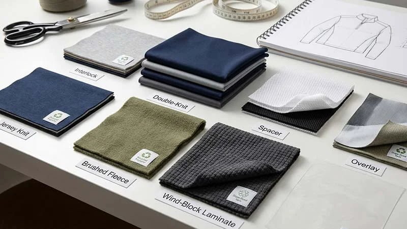 A display of different knit fabric swatches like jersey, interlock, and grid fleece.