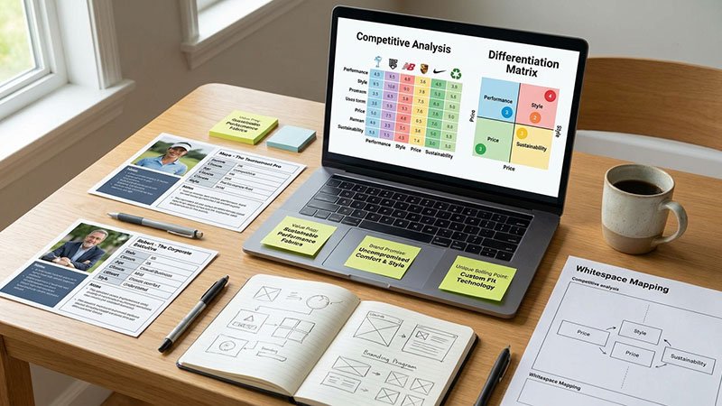 Brand positioning and consumer insight for golf apparel A marketer's desk showing user personas and a competitive analysis chart