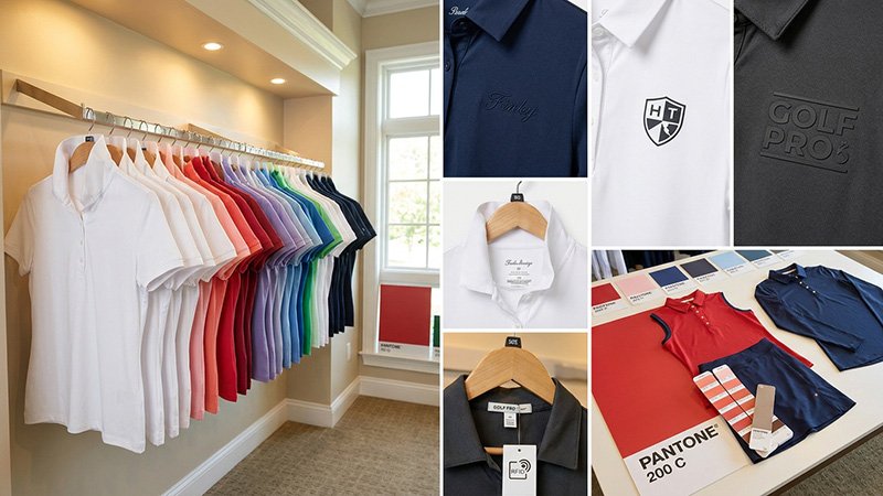 Branding and merchandising for women's golf polos A neatly merchandised display of women's golf polos in a pro shop, showing different logo applications and colors
