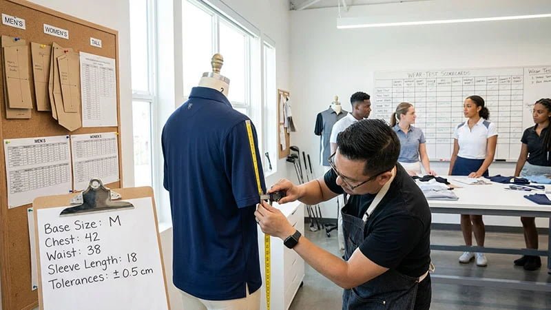 A technical designer measuring a garment on a mannequin to create a fit block.