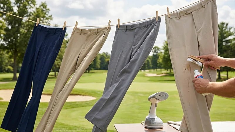 Golf pants hanging on a line to air dry, with a well-maintained golf course in the background