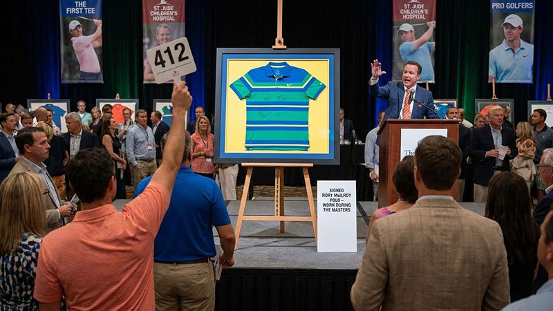 Charity auction of a golfer's shirt A signed golf polo shirt being auctioned at a charity event