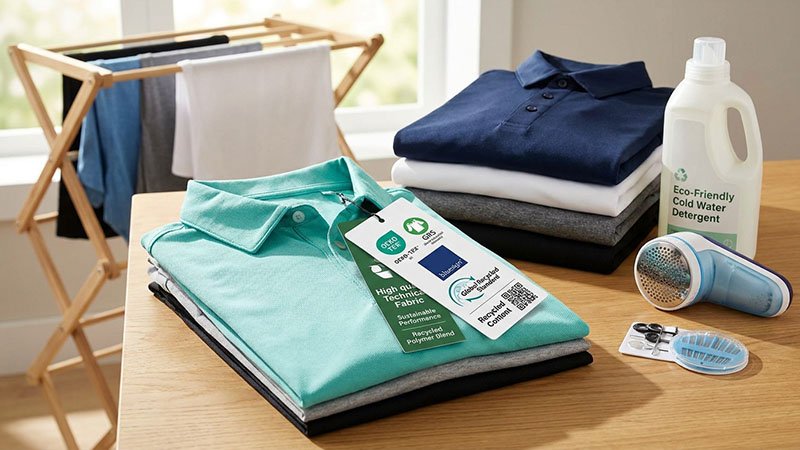 Choosing sustainable and durable golf apparel A clothing tag showing sustainability certifications like OEKO-TEX and Recycled Content