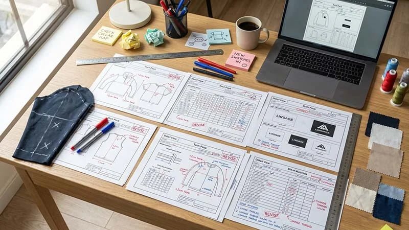redlined tech pack pages with change notes