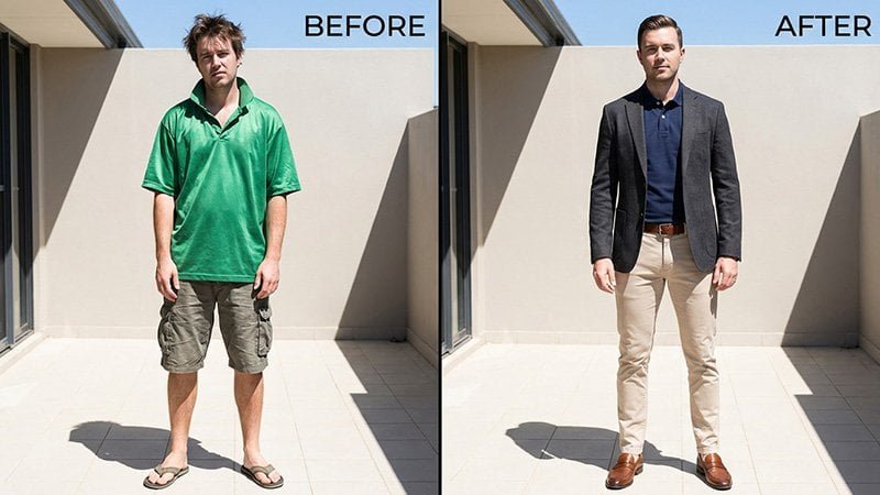 Common polo shirt mistakes and fixes A 'before and after' comparison showing a poorly worn polo (curled collar, baggy) and a well-worn one (crisp collar, good fit)