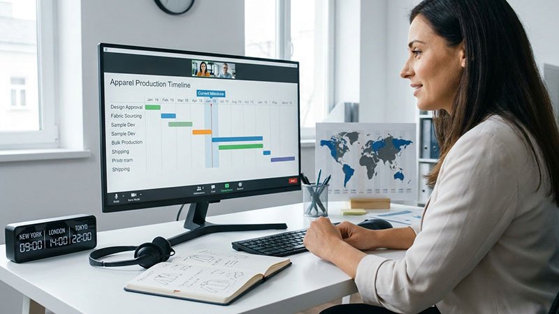 A project manager on a video call with a client, sharing a screen with a production timeline.