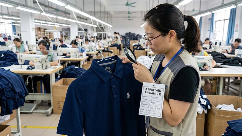 A QC inspector comparing a garment from the production line to the approved PP sample.