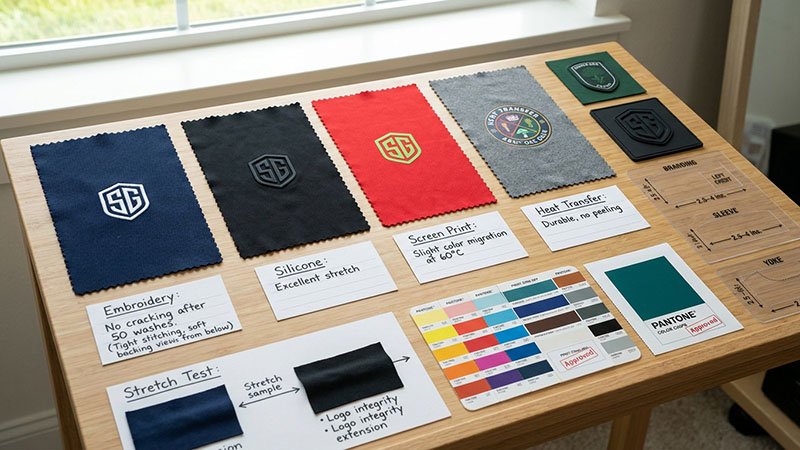 Comparing custom golf shirt branding Comparison of different branding methods: embroidery, screen print, heat transfer, and silicone badge
