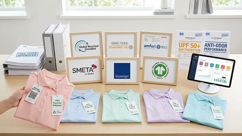 Compliance and sustainability certifications in apparel A collection of sustainability and compliance certification logos like GRS, OEKO-TEX, and BSCI