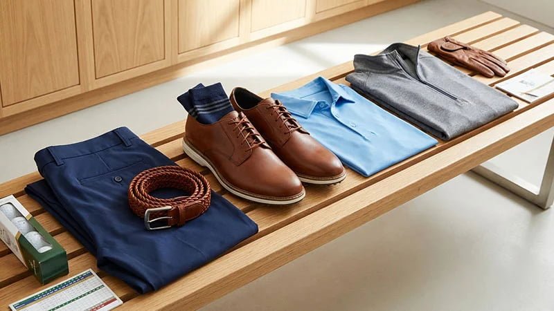 A complete golf outfit laid out, showing how the pants, belt, shoes, and polo coordinate
