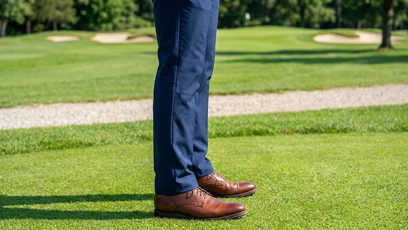A diagram showing the correct hem length of golf pants, with a slight break over the shoe
