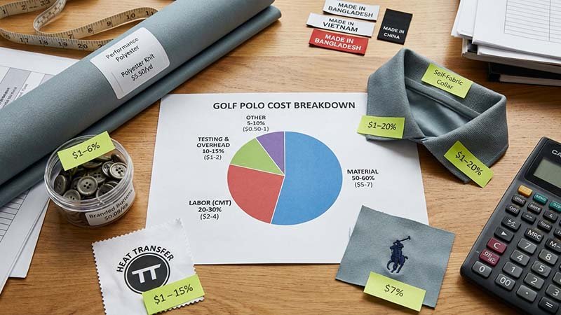 An infographic showing the percentage breakdown of a polo shirt's cost.