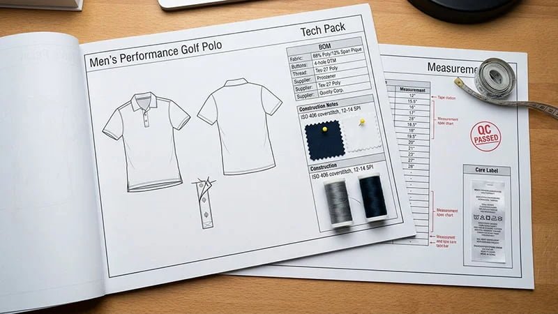A detailed tech pack document showing sketches, BOM, and measurement specs.