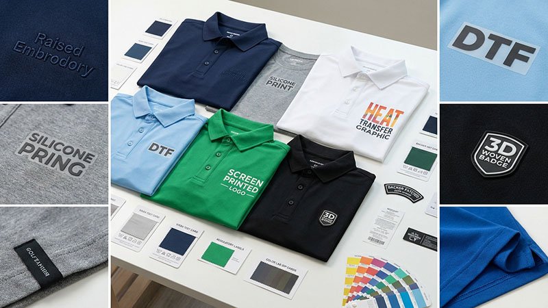 A collection of different branding applications: embroidery, silicone print, heat transfer, and woven badges.