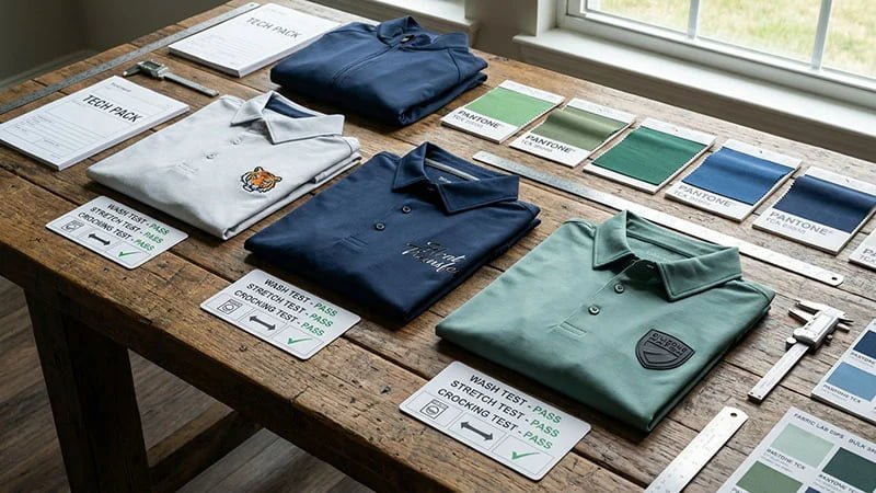 Examples of logo applications: embroidery, heat transfer, and a silicone patch.