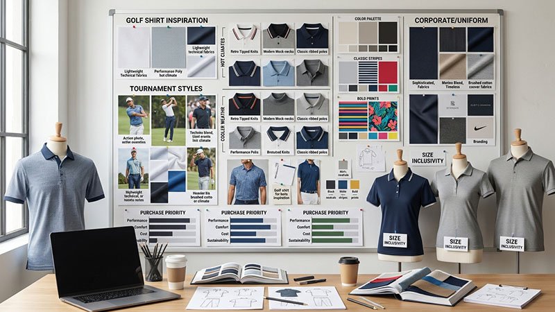 Defining your golf apparel brand A mood board showing different golf apparel styles and color palettes
