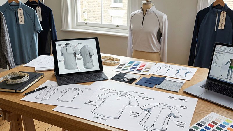 Developing a signature golf shirt design and fit Sketches and 3D renderings of a golf shirt showing ergonomic seam lines and unique collar details