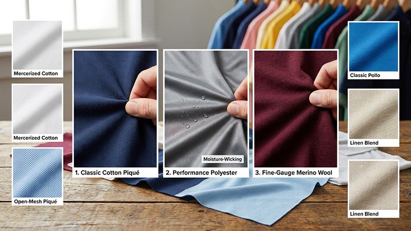 A collage of different fabric textures: classic cotton piqué, smooth performance polyester, and fine-gauge merino wool
