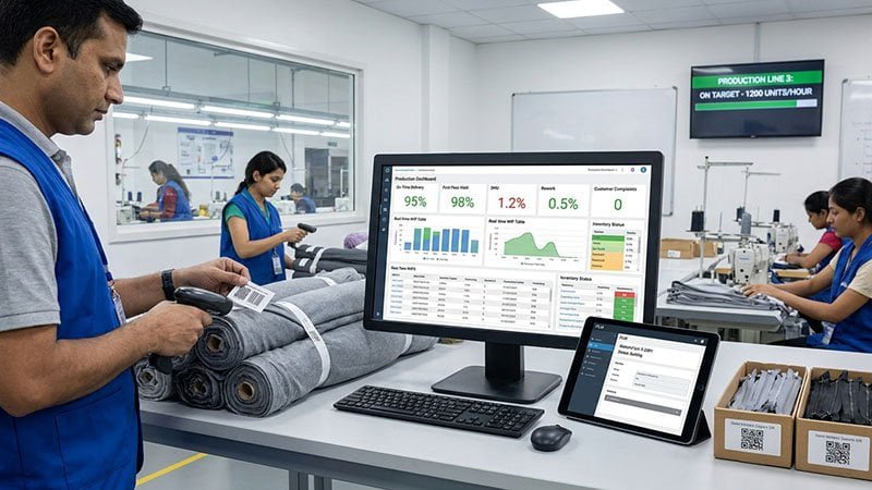 A dashboard on a computer screen showing real-time production tracking (WIP) and quality KPIs.
