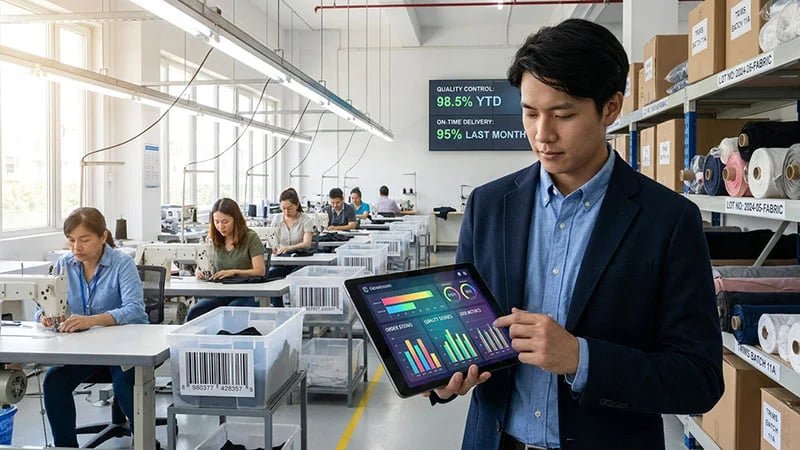 A factory manager reviewing a production dashboard on a tablet showing real-time KPIs.