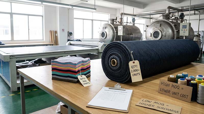 A small stack of fabric next to a large roll of fabric to show scale.