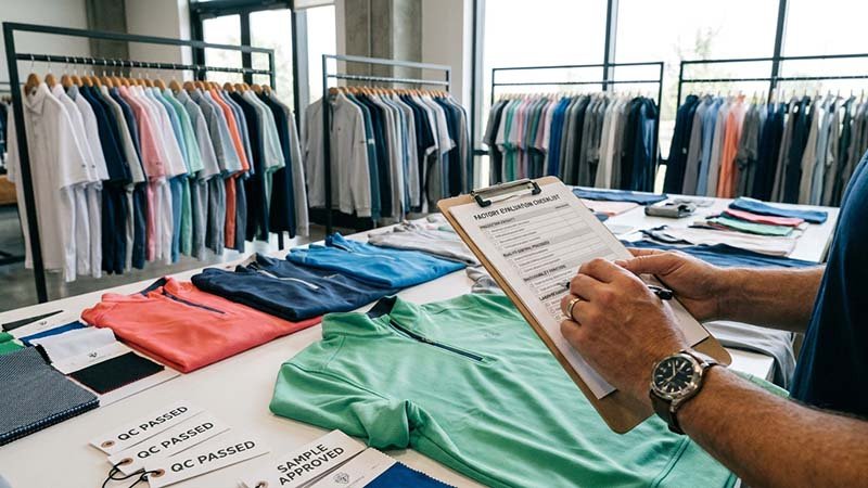 A brand owner reviewing a factory evaluation checklist in a showroom.