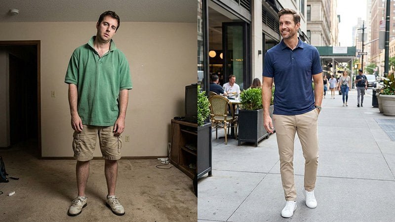 Evolution of the golf polo shirt A split image showing a classic baggy golf polo versus a modern, well-fitted one
