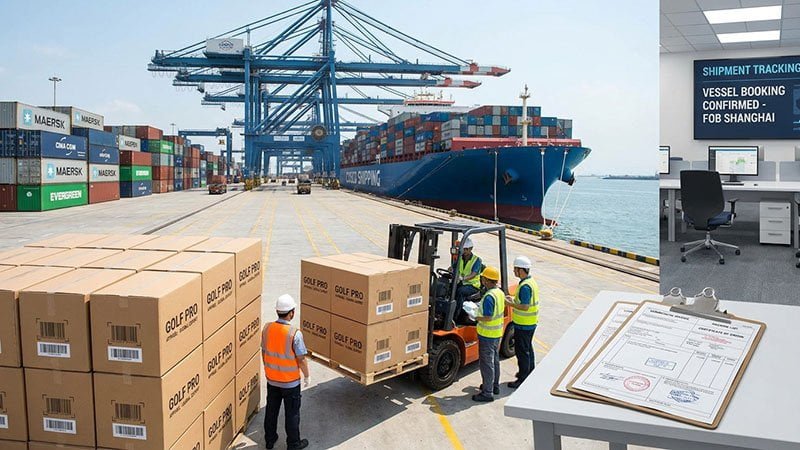 A container ship at a port, illustrating global logistics and shipping for apparel.