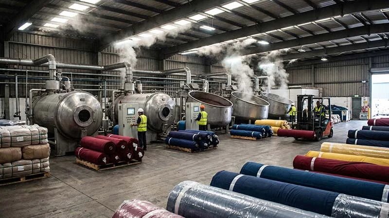 Large rolls of fabric in a textile mill dye house.