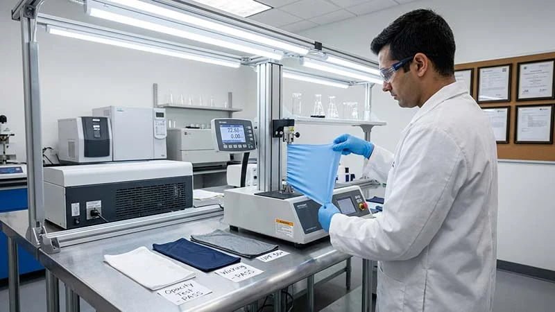 A lab technician performing a stretch and recovery test on a fabric sample.