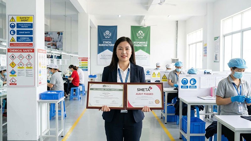 A compliance manager holding a certificate in front of a clean, safe factory floor.
