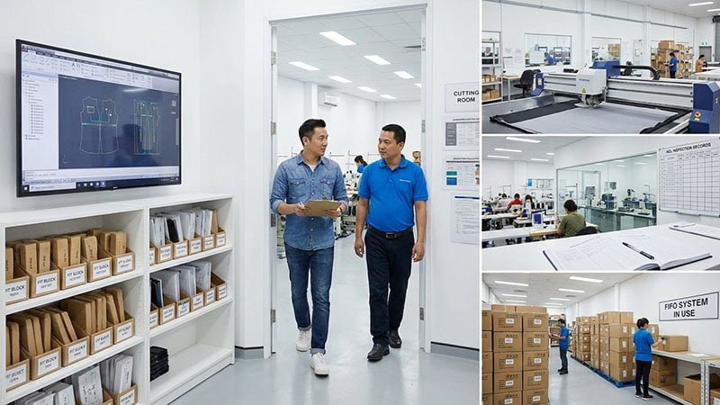 A brand founder being given a tour of a clean and organized factory sample room.