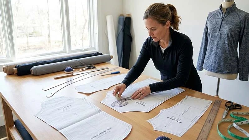 A pattern maker working on a golf quarter-zip pattern on a large table.