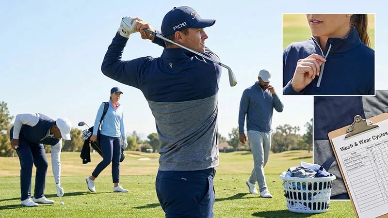 A golfer wearing a sample quarter-zip and performing a full swing on the driving range.