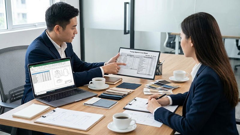 A person reviewing a cost sheet or tech pack, showing a collaborative business discussion.