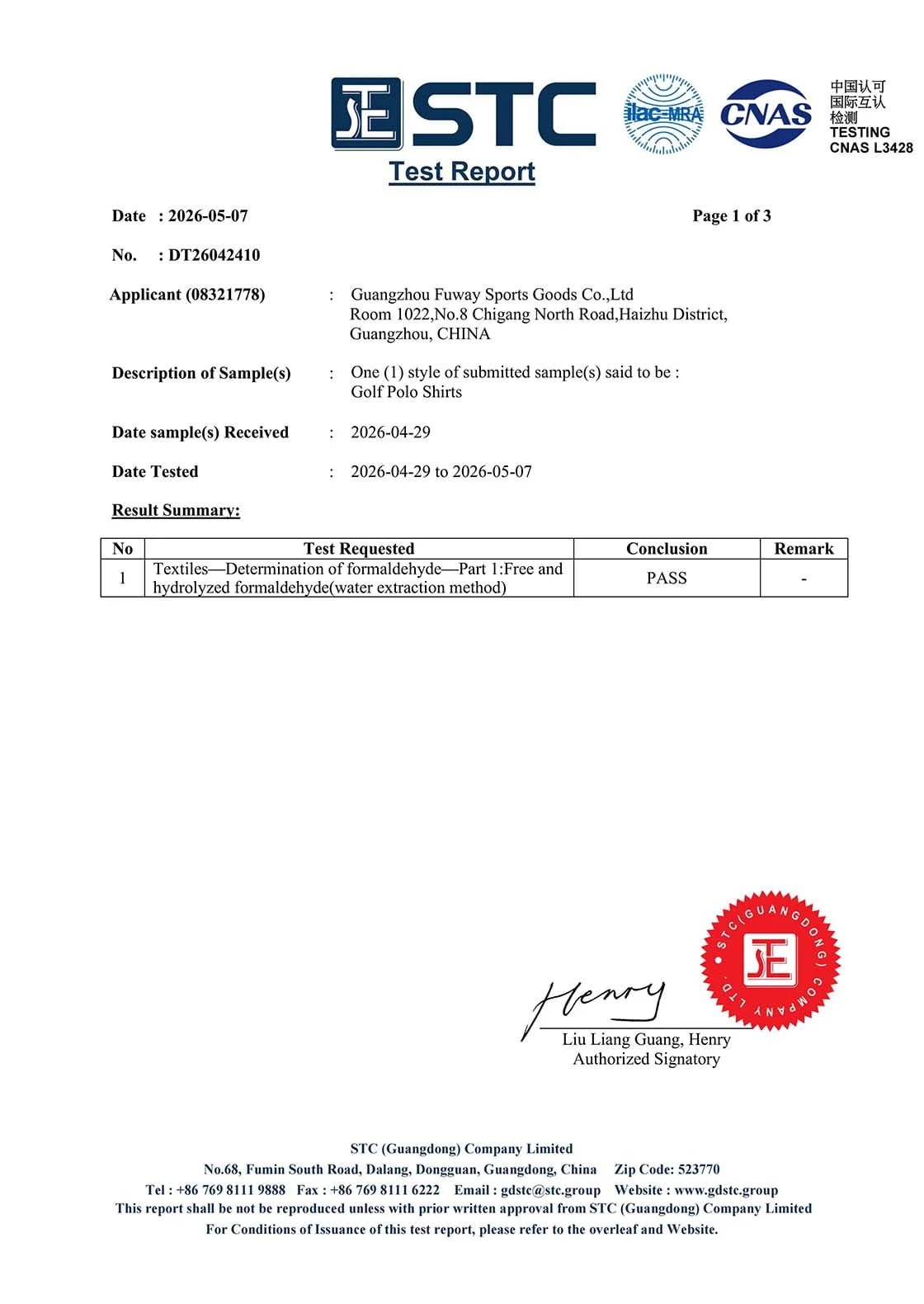 Formaldehyde Test Report - Page 1