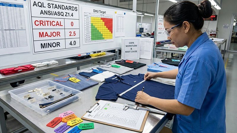 A quality inspector checking a garment's measurements against a spec sheet on a QC table.