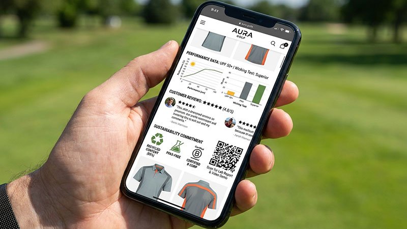 Go-to-market strategy for a golf apparel brand A phone screen showing a brand's website with performance data, user reviews, and sustainability info